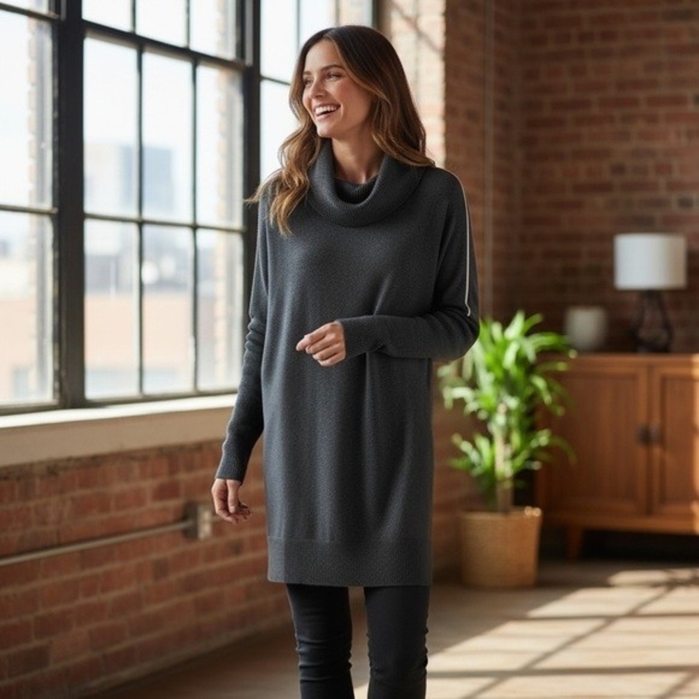 MICHAEL KORS Womens Sweater Dress S Grey Turtleneck Shoulder Zip Logo Designer